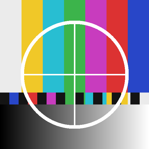 The QRX test card: colour bars with a white circle and crosshair, floating above its code